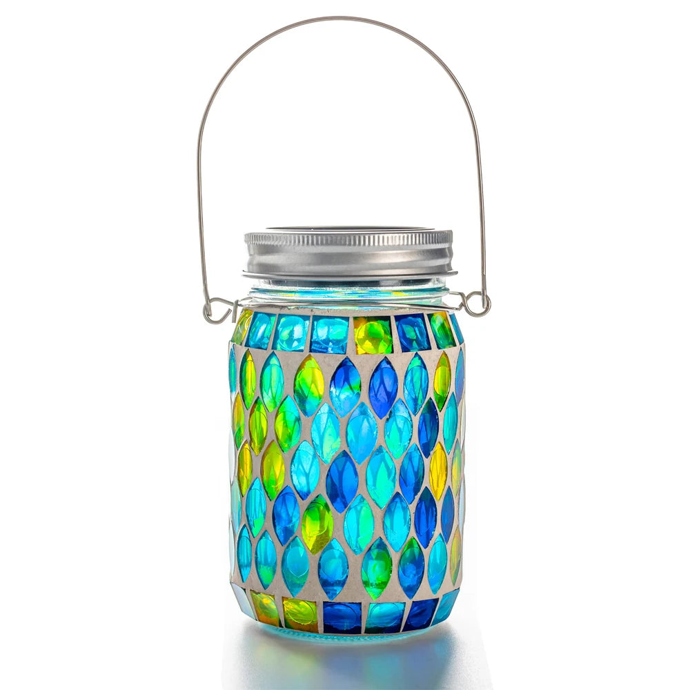Solar Mosaic Lantern Hanging Mason Jar Glass Lights Outdoor Waterproof Table Lamp Decoration for Garden Patio Party Yard Balcony