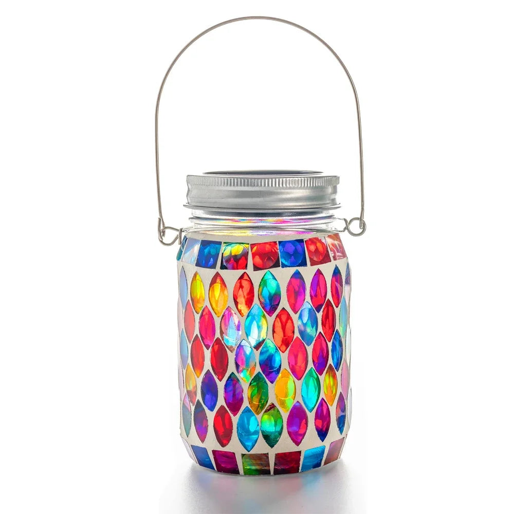 Solar Mosaic Lantern Hanging Mason Jar Glass Lights Outdoor Waterproof Table Lamp Decoration for Garden Patio Party Yard Balcony
